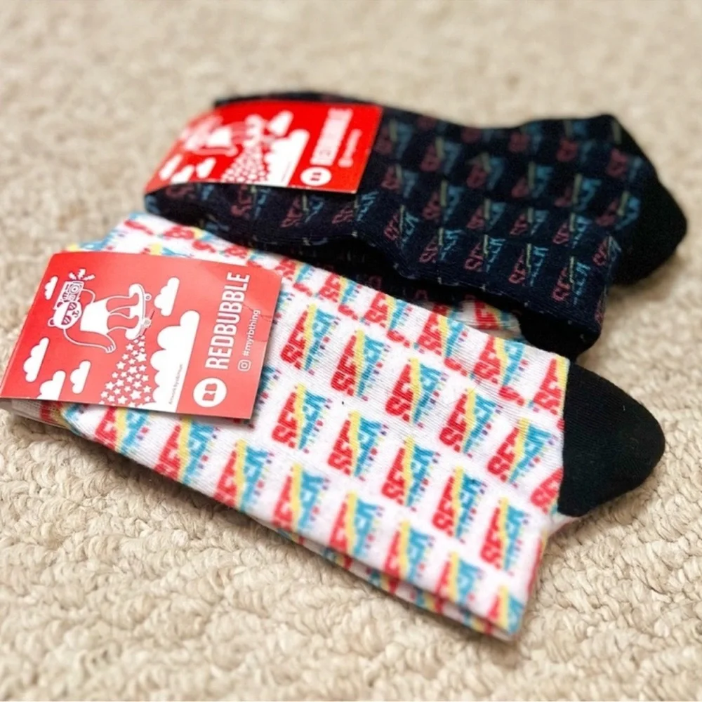 3/$19 NWT Bundle of 2 pair Yes Theory Seek Discomfort all over logo crew socks